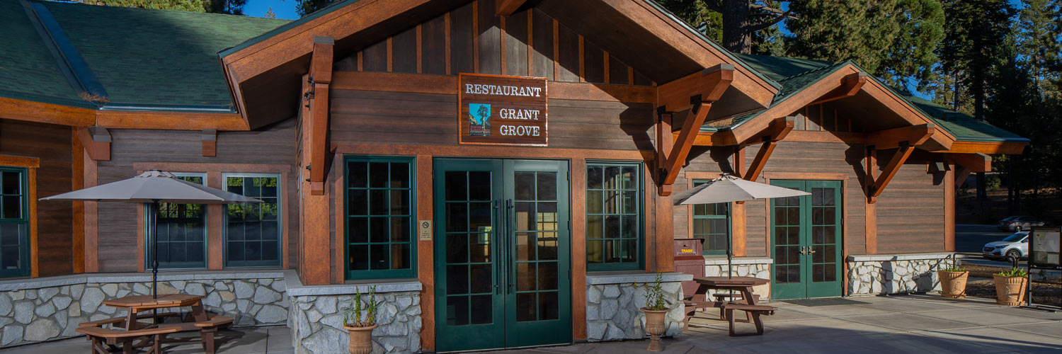 Exterior view of Grant Grove Restaurant entrance in Kings Canyon National Park