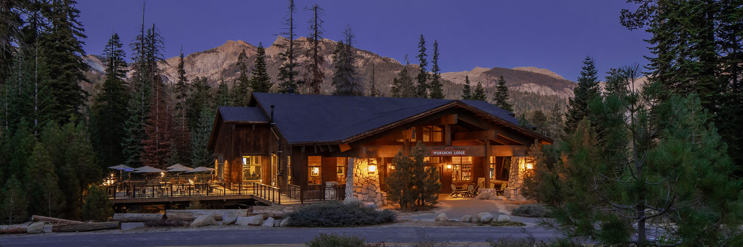 Exterior of Wuksachi Lodge at twilight