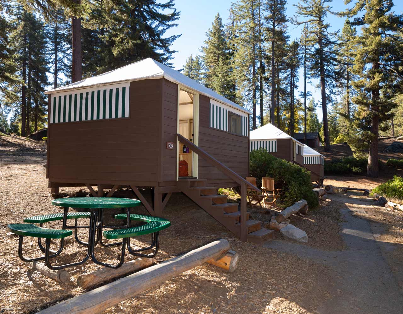 Several tent cabins at Grant Grove Cabins in Kings Canyon National Park