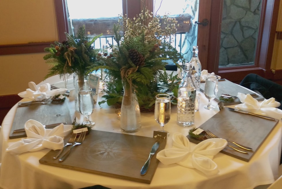 Wedding reception table featuring an ornate centerpiece at Sequoia & Kings Canyon National Parks